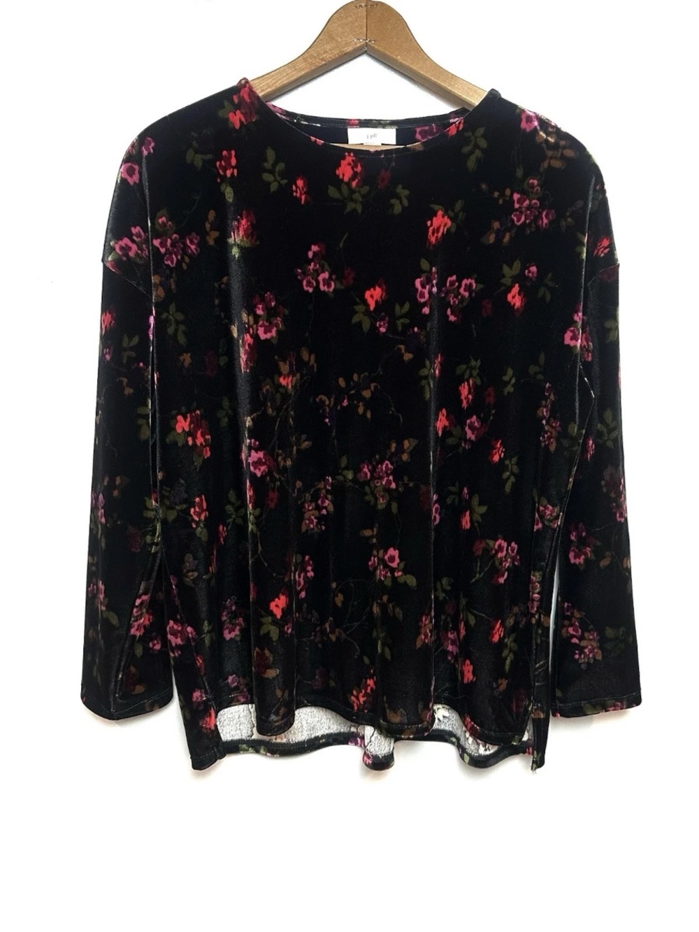 J. Jill Size M Petite Floral Velvet Top Black Whimsigoth Dark Romance